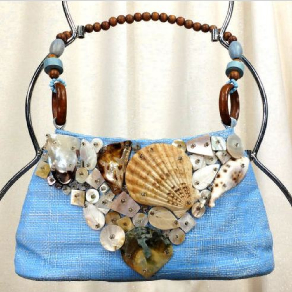 Sealife Sea Shell Blue Purse Handbag Evening Tote